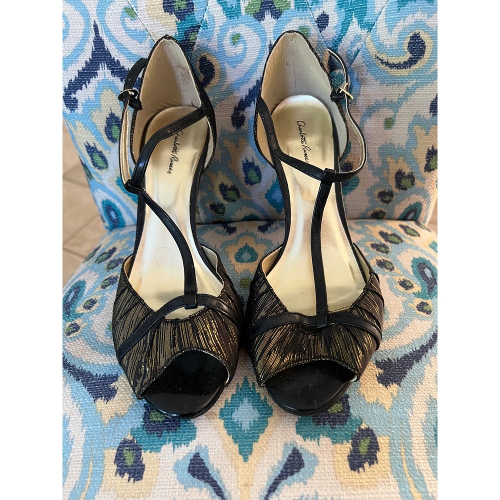 Vintage Charlotte Russe Black Gold Metallic T-Strap Pleated Heels Size 8